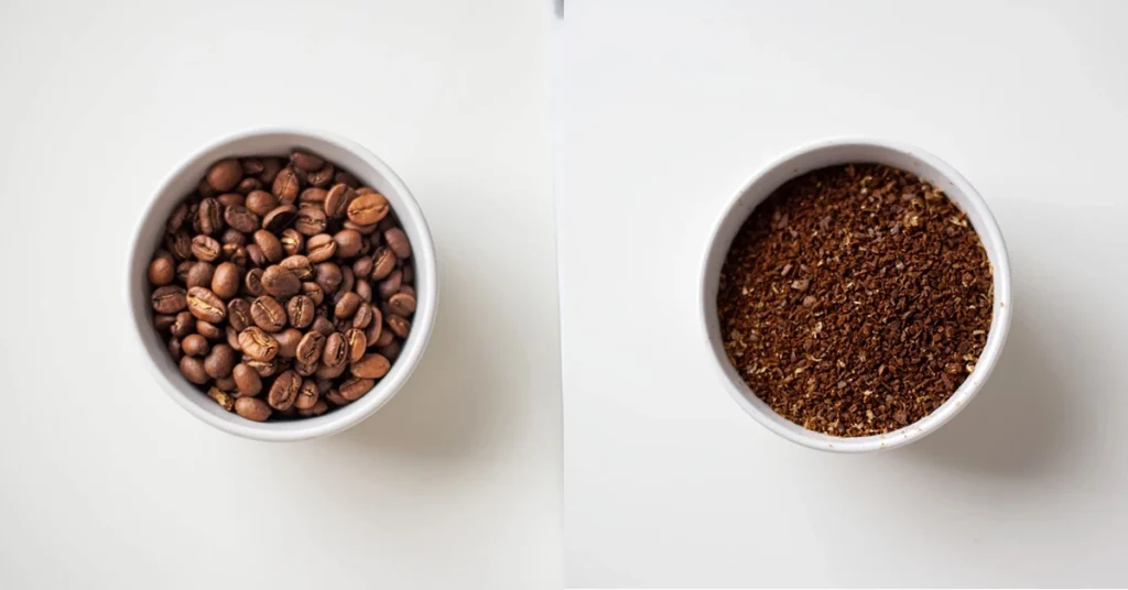 Whole Coffee Beans in a cup on the left and grinded coffee beans on the right in a cup