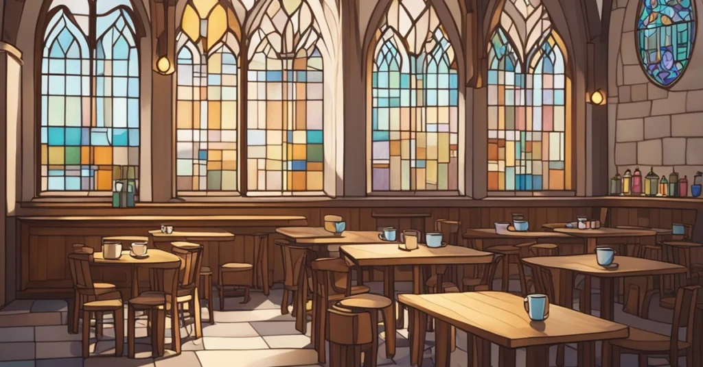 A cozy church interior with stained glass windows, wooden tables set up as a coffee bar area, cups of coffee on tables, and decorative bottles on a counter.