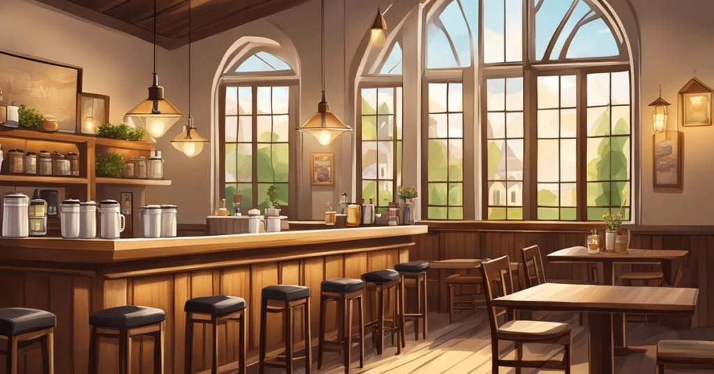 Cozy café interior with large arched windows, wooden counter and stools, pendant lights, and tables set against wooden flooring.