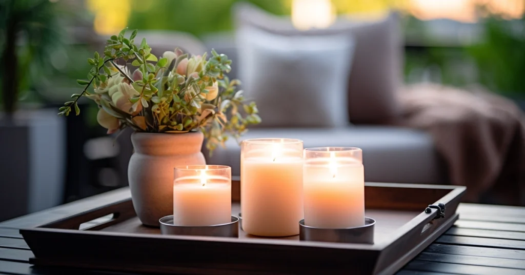Three lit candles in glass holders on a wooden tray, with a potted plant beside them. It's set on an outdoor table, creating a cozy and inviting atmosphere. A cushioned chair with a throw blanket is in the background