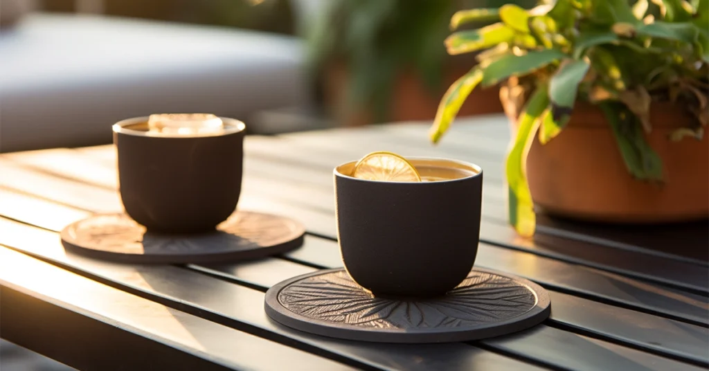  two black cups with a saucer each on a wooden table. One cup has a lemon slice on the edge, and there's a potted plant in the background
