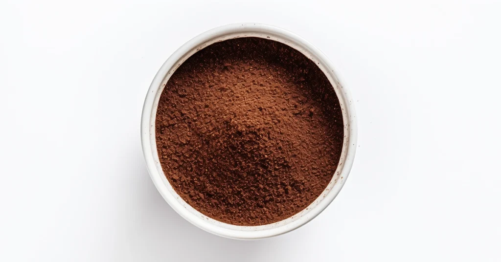 Top-down view of a container filled with finely ground coffee, on a white background.
