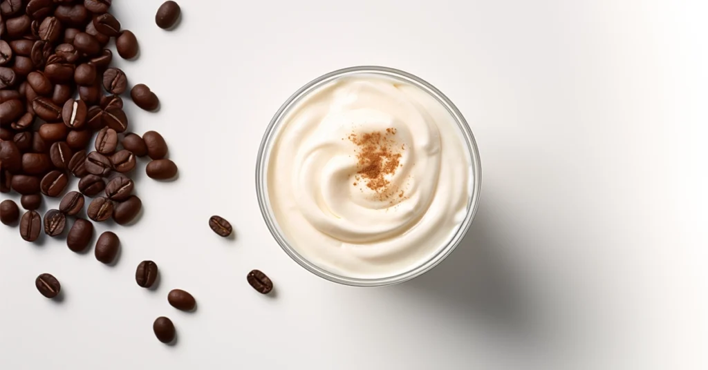 A swirl of creamy whipped topping dusted with cinnamon in a glass, surrounded by scattered coffee beans on a white surface.