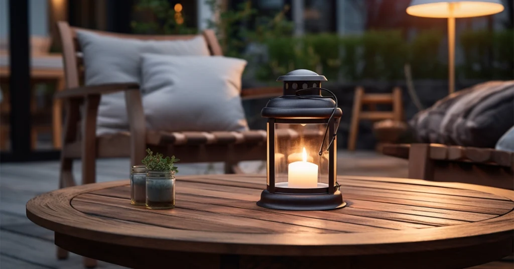 A lit candle lantern and a small plant in a jar on a round wooden outdoor table, with cozy furniture and pillows in the background at dusk.