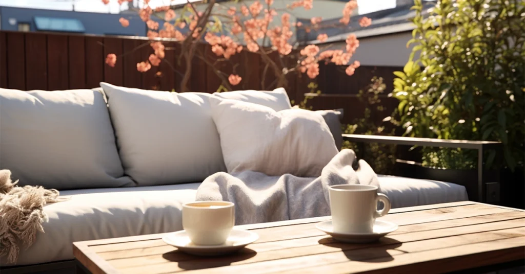 Two white cups on saucers sit on a wooden outdoor table in the foreground, with a cozy sofa filled with cushions and a throw blanket behind, in a sunny garden setting with blossoming trees.