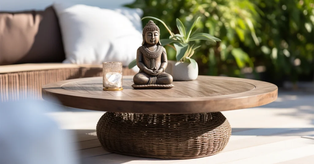 Round wooden table with a wicker base. On the table, there's a Buddha statue, a candle holder, and a small potted plant