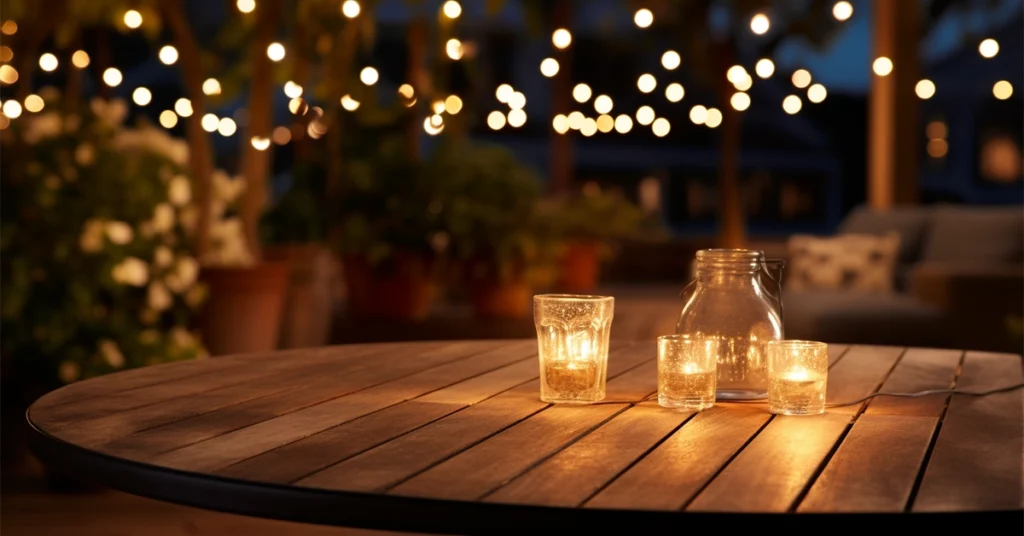 Candlelit glass votives on a wooden outdoor table with twinkling string lights and potted flowers in the background during the evening.