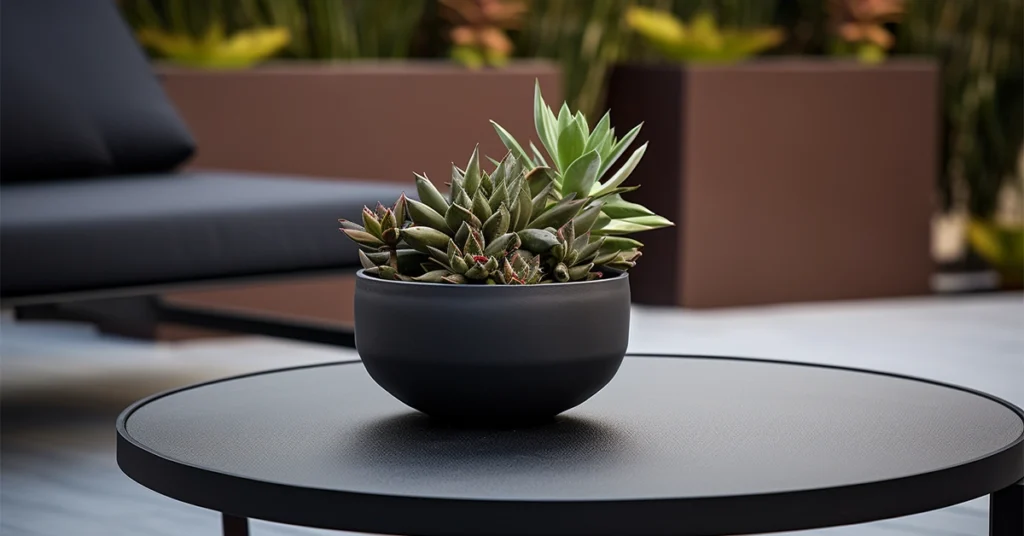 A succulent plant in a matte black pot, centered on a round black table. In the background, there's a lounge area with a cushioned seat, set in an outdoor patio environment.