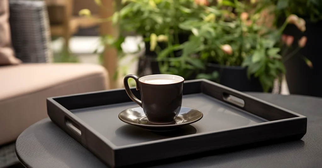 black coffee cup with a saucer, placed on a dark tray. The tray is on a table with green plants in the background, suggesting an outdoor or garden setting