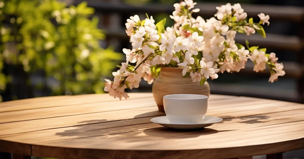 a white cup on a saucer, placed on a round wooden table beside a vase of blooming white flowers, possibly cherry blossoms