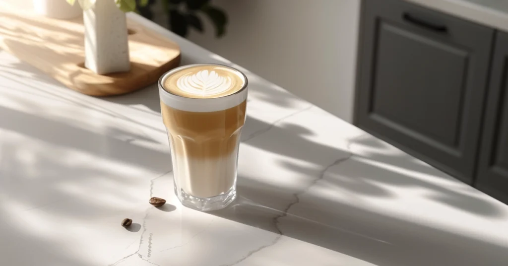 A Latte Macchiato in a tall glass on a kitchen countertop, with coffee beans and shadows from a window.