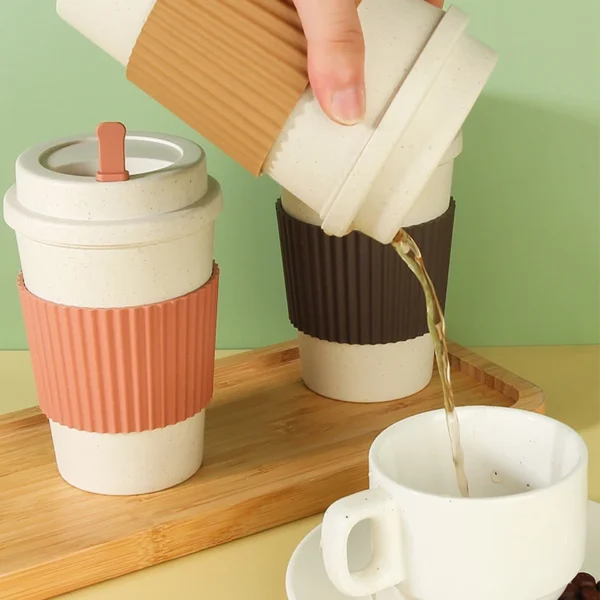 450ML Coffee Cups With Lids Wheat Straw Reusable Portable Coffee Cup Tea Cup Dishwasher Safe Coffee 2